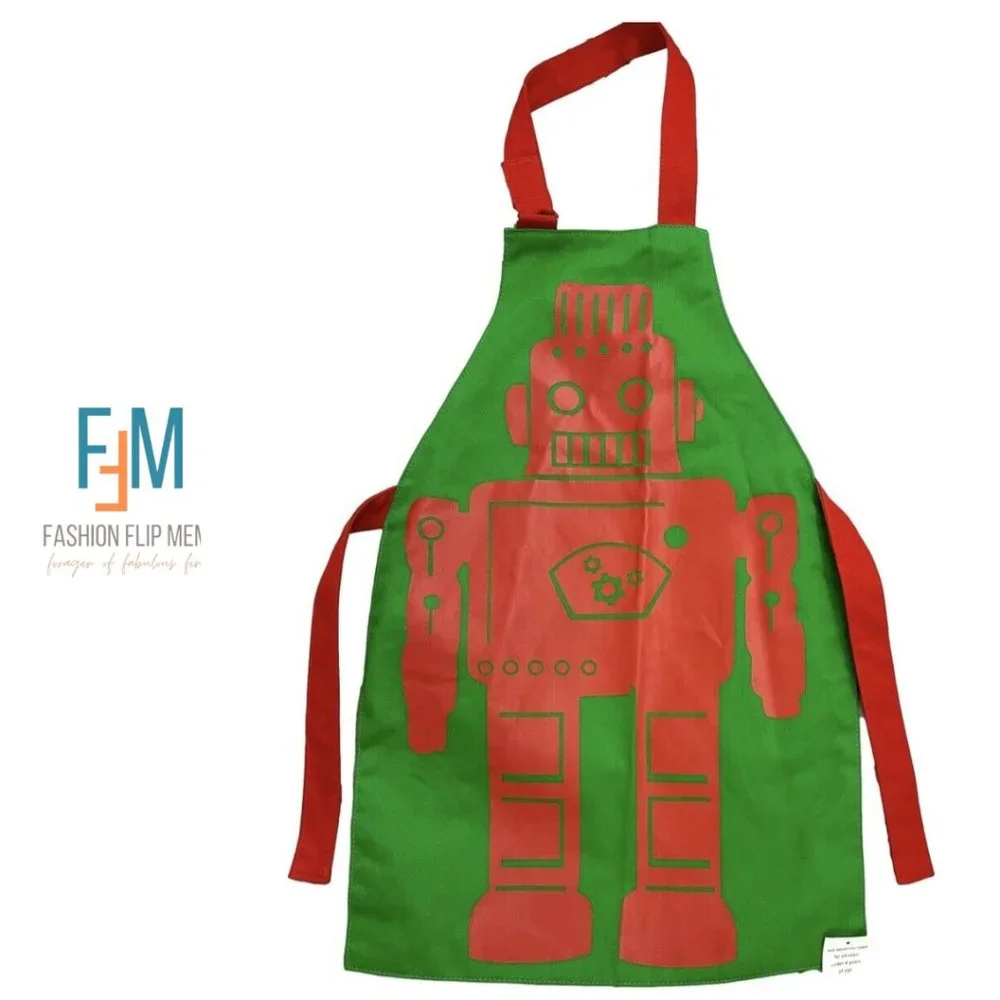 Old Navy Green & Red Retro Cotton Canvas Robot Apron Youth OS VTG Rare Find New!